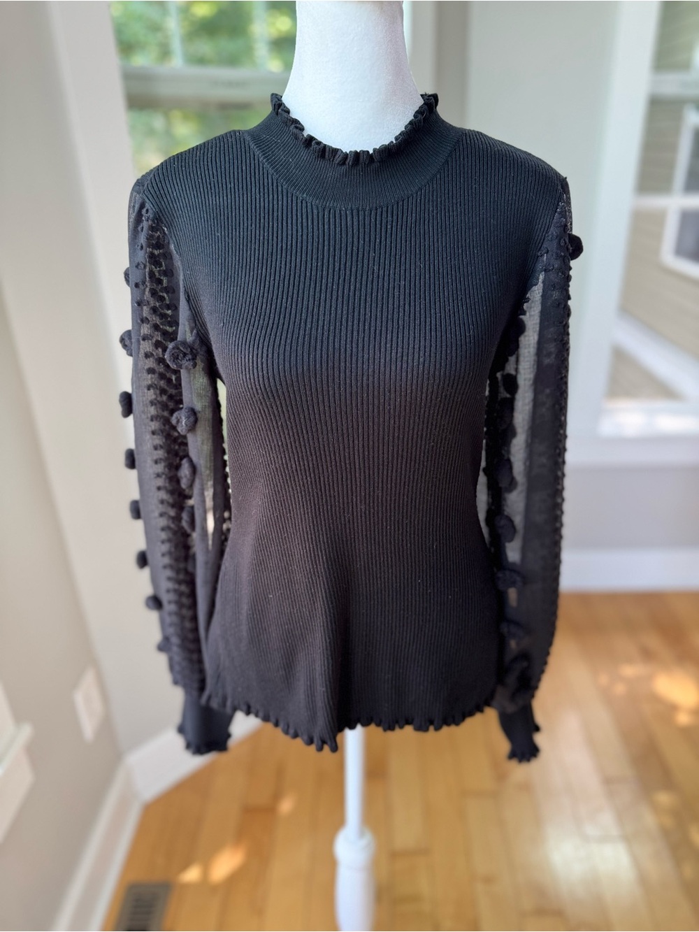 Almost Famous Black Sheer Pom-Pom Sleeve Knit Sweater Top Size XL
